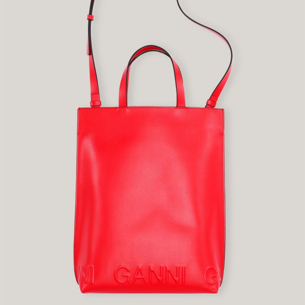 GANNI medium debossed-logo tote bag in red. Lightly worn, see photos.
